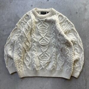 Vintage 80s River View 100% Wool Irish Cable Knit Fisherman Aran Sweater Size L